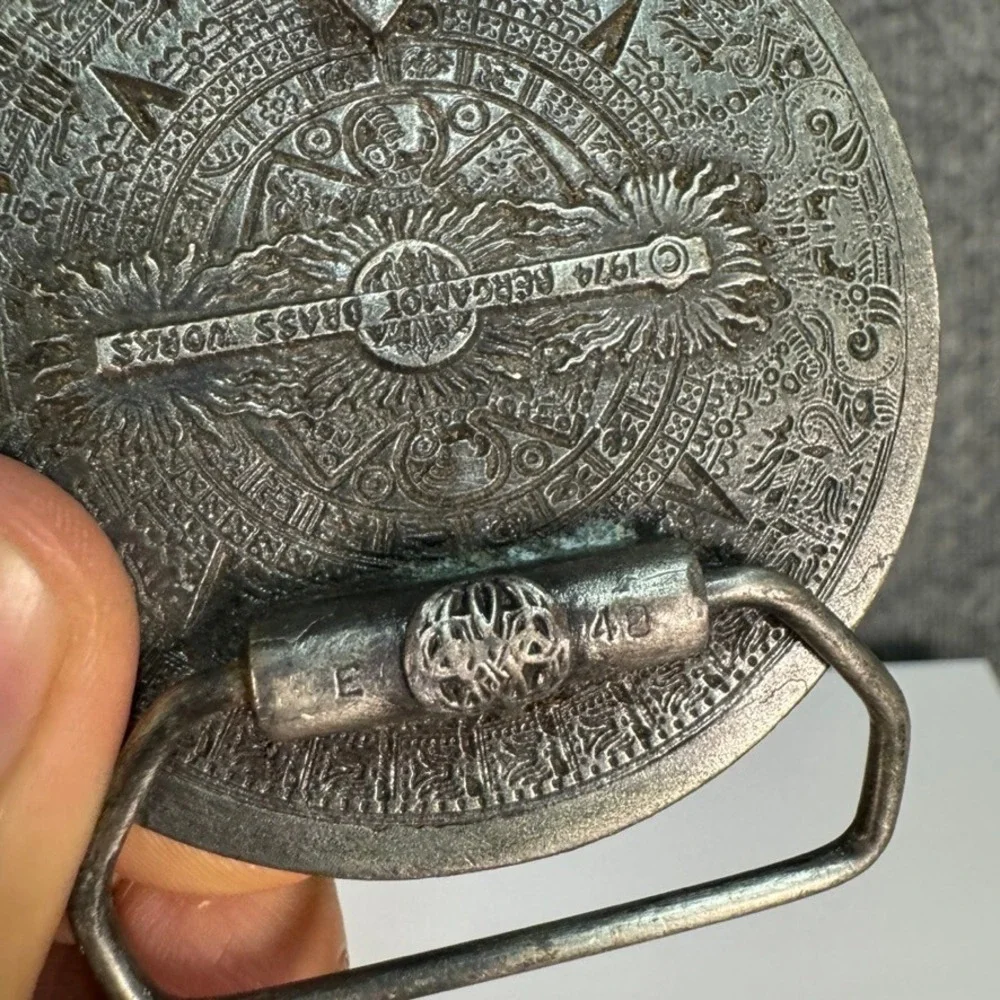 Vintage 1974 Bergamot Brass Works Aztec Sun Stone Calendar Belt Buckle Silver